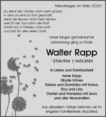 Traueranzeige von Walter Rapp von Leonberger Kreiszeitung / Strohgäu Extra