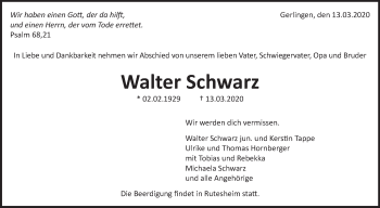 Traueranzeige von Walter Schwarz von Leonberger Kreiszeitung / Strohgäu Extra