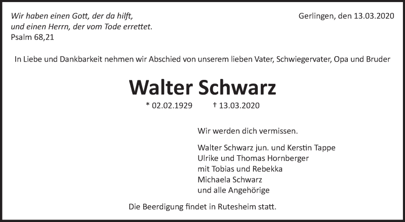  Traueranzeige für Walter Schwarz vom 21.03.2020 aus Leonberger Kreiszeitung / Strohgäu Extra