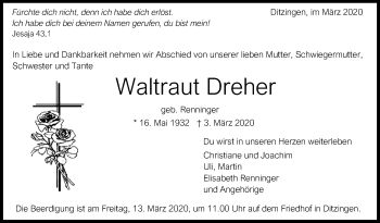 Traueranzeige von Waltraut Dreher von Leonberger Kreiszeitung / Strohgäu Extra