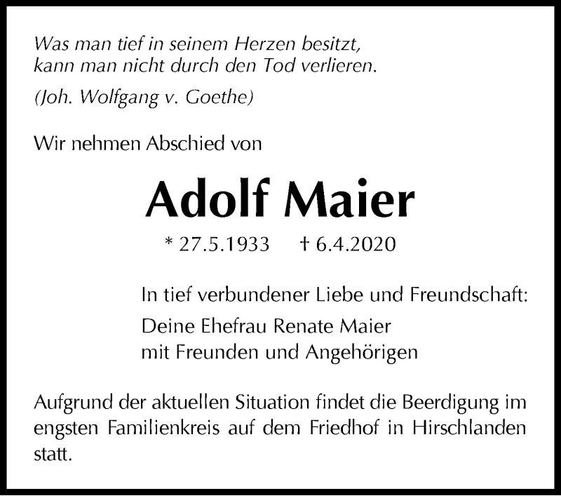  Traueranzeige für Adolf Maier vom 11.04.2020 aus Leonberger Kreiszeitung / Strohgäu Extra