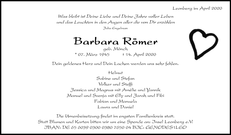 Traueranzeige für Barbara Römer vom 25.04.2020 aus Leonberger Kreiszeitung / Strohgäu Extra