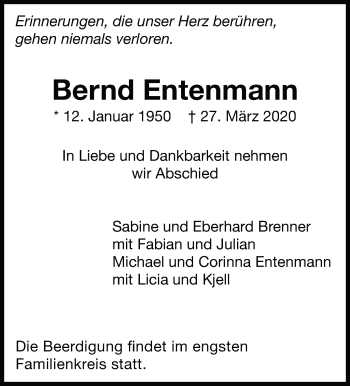 Traueranzeige von Bernd Entenmann von Leonberger Kreiszeitung / Strohgäu Extra