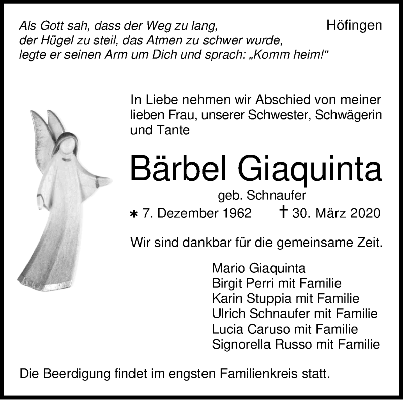  Traueranzeige für Bärbel Giaquinta vom 04.04.2020 aus Leonberger Kreiszeitung / Strohgäu Extra