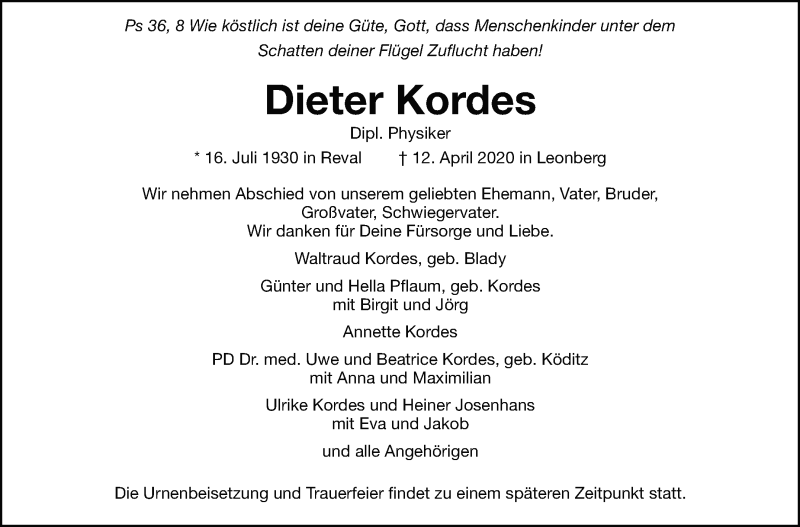  Traueranzeige für Dieter Kordes vom 18.04.2020 aus Leonberger Kreiszeitung / Strohgäu Extra