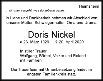 Traueranzeige von Doris Nickel von Leonberger Kreiszeitung / Strohgäu Extra