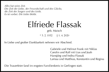 Traueranzeige von Elfriede Flassak von Leonberger Kreiszeitung / Strohgäu Extra