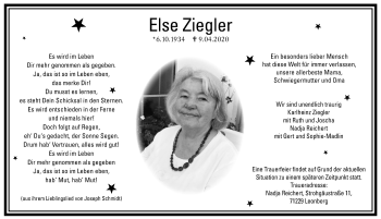 Traueranzeige von Else Ziegler von Leonberger Kreiszeitung / Strohgäu Extra