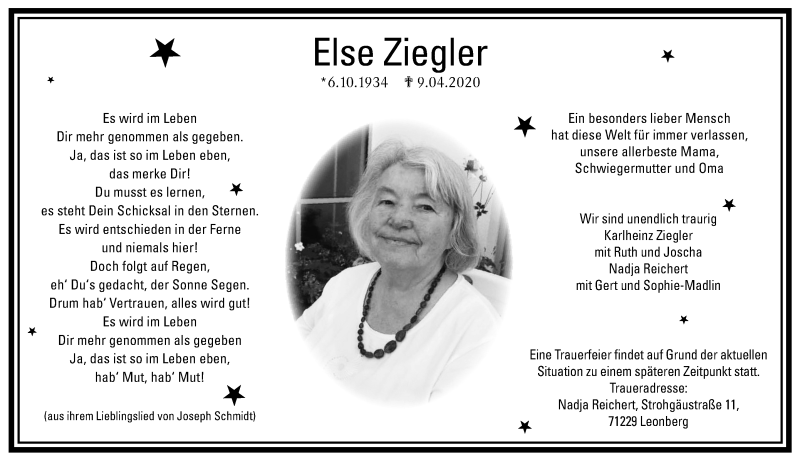 Traueranzeige für Else Ziegler vom 18.04.2020 aus Leonberger Kreiszeitung / Strohgäu Extra