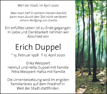 Traueranzeige von Erich Duppel von Leonberger Kreiszeitung / Strohgäu Extra