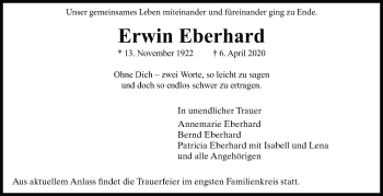 Traueranzeige von Erwin Eberhard von Leonberger Kreiszeitung / Strohgäu Extra