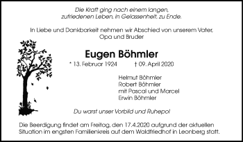 Traueranzeige von Eugen Böhmler von Leonberger Kreiszeitung / Strohgäu Extra