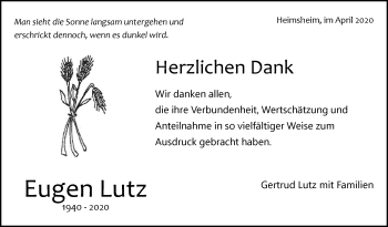 Traueranzeige von Eugen Lutz von Leonberger Kreiszeitung / Strohgäu Extra