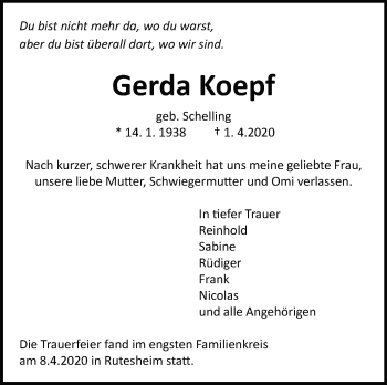 Traueranzeige von Gerda Koepf von Leonberger Kreiszeitung / Strohgäu Extra