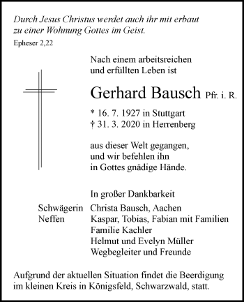 Traueranzeige von Gerhard Bausch von Leonberger Kreiszeitung / Strohgäu Extra