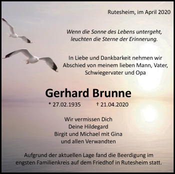 Traueranzeige von Gerhard Brunne von Leonberger Kreiszeitung / Strohgäu Extra