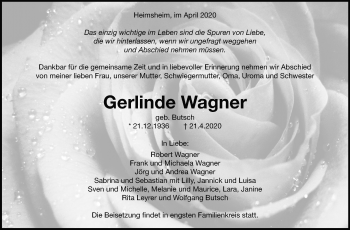 Traueranzeige von Gerlinde Wagner von Leonberger Kreiszeitung / Strohgäu Extra