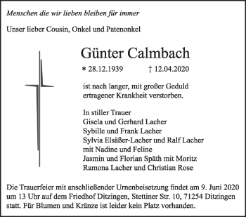 Traueranzeige von Günter Calmbach von Leonberger Kreiszeitung / Strohgäu Extra