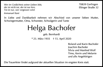 Traueranzeige von Helga Bachofer von Leonberger Kreiszeitung / Strohgäu Extra
