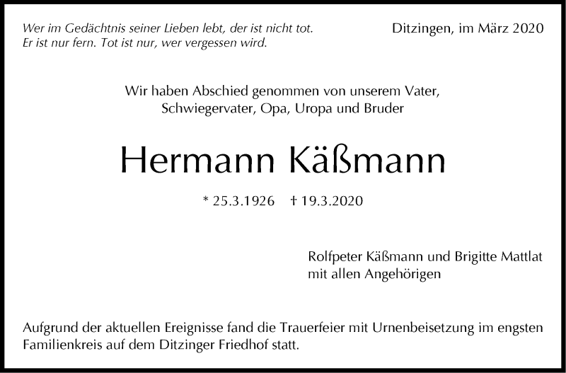  Traueranzeige für Hermann Käßmann vom 02.04.2020 aus Leonberger Kreiszeitung / Strohgäu Extra