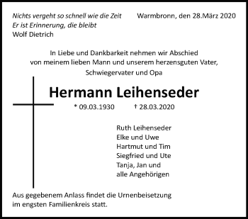 Traueranzeige von Hermann Leihenseder von Leonberger Kreiszeitung / Strohgäu Extra
