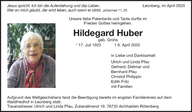  Traueranzeige für Hildegard Huber vom 18.04.2020 aus Leonberger Kreiszeitung / Strohgäu Extra