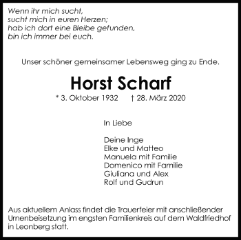 Traueranzeige von Horst Scharf von Leonberger Kreiszeitung / Strohgäu Extra