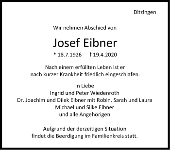 Traueranzeige von Josef Eibner von Leonberger Kreiszeitung / Strohgäu Extra