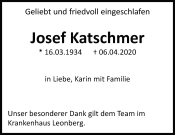 Traueranzeige von Josef Katschmer von Leonberger Kreiszeitung / Strohgäu Extra