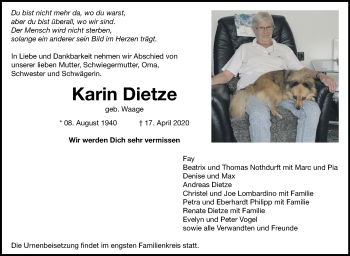 Traueranzeige von Karin Dietze von Leonberger Kreiszeitung / Strohgäu Extra