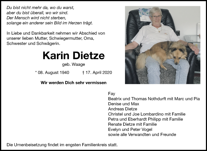  Traueranzeige für Karin Dietze vom 25.04.2020 aus Leonberger Kreiszeitung / Strohgäu Extra