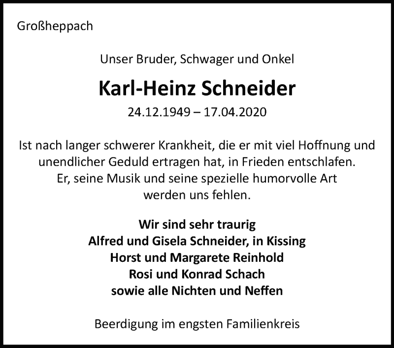  Traueranzeige für Karl-Heinz Schneider vom 25.04.2020 aus Leonberger Kreiszeitung / Strohgäu Extra