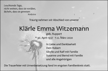 Traueranzeige von Klara Emma Witzemann von Leonberger Kreiszeitung / Strohgäu Extra
