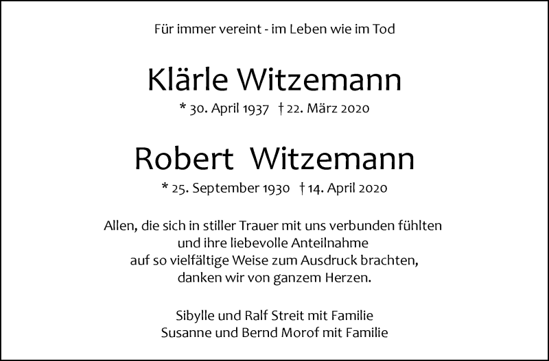  Traueranzeige für Klärle und Robert Witzemann vom 30.04.2020 aus Leonberger Kreiszeitung / Strohgäu Extra