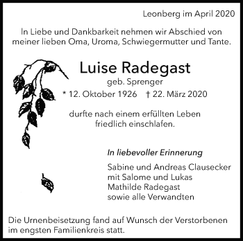 Traueranzeige von Luise Radegast von Leonberger Kreiszeitung / Strohgäu Extra