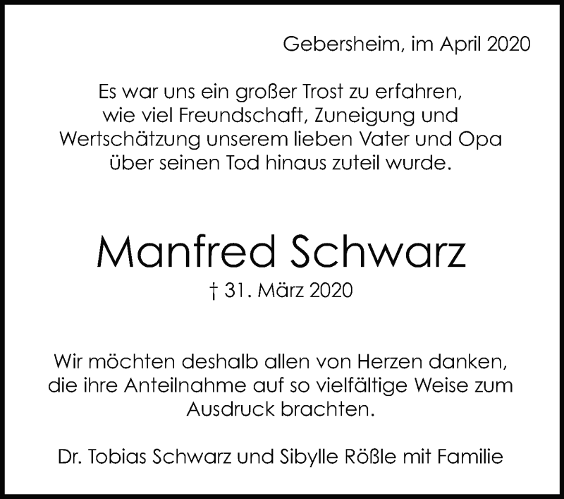  Traueranzeige für Manfred Schwarz vom 18.04.2020 aus Leonberger Kreiszeitung / Strohgäu Extra