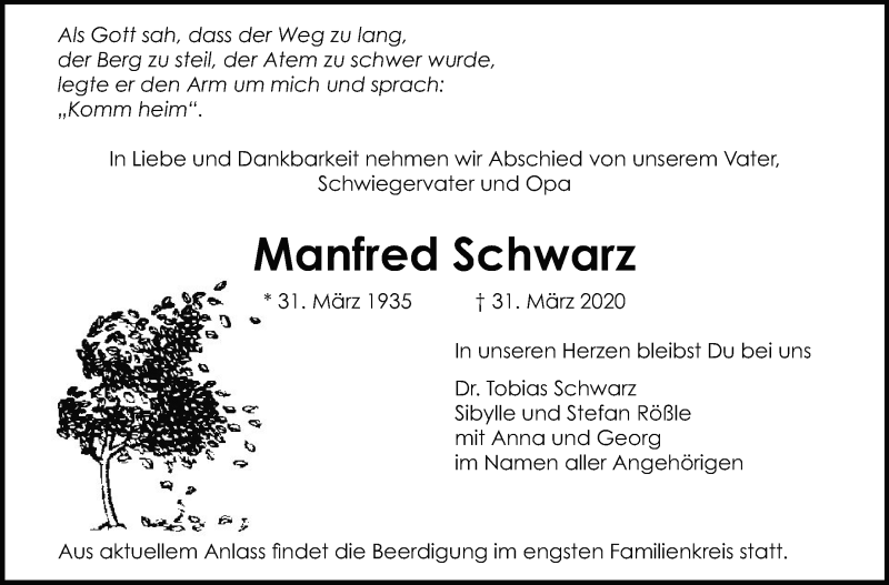  Traueranzeige für Manfred Schwarz vom 04.04.2020 aus Leonberger Kreiszeitung / Strohgäu Extra