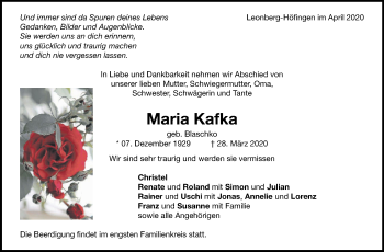 Traueranzeige von Maria Kafka von Leonberger Kreiszeitung / Strohgäu Extra