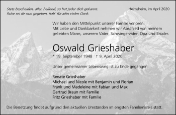Traueranzeige von Oswald Grieshaber von Leonberger Kreiszeitung / Strohgäu Extra