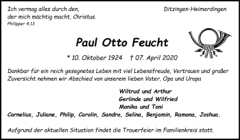 Traueranzeige von Paul Otto Feucht von Leonberger Kreiszeitung / Strohgäu Extra