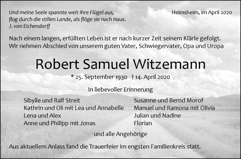  Traueranzeige für Robert Samuel Witzemann vom 22.04.2020 aus Leonberger Kreiszeitung / Strohgäu Extra
