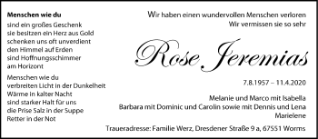 Traueranzeige von Rose Jeremias von Leonberger Kreiszeitung / Strohgäu Extra