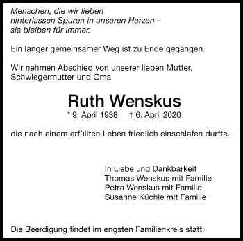 Traueranzeige von Ruth Wenskus von Leonberger Kreiszeitung / Strohgäu Extra