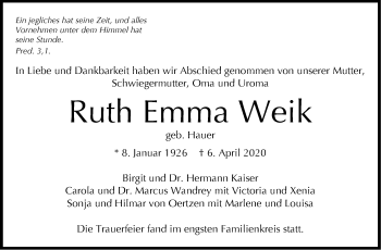 Traueranzeige von Ruth Emma Weik von Leonberger Kreiszeitung / Strohgäu Extra