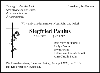 Traueranzeige von Siegfried Paulus von Leonberger Kreiszeitung / Strohgäu Extra