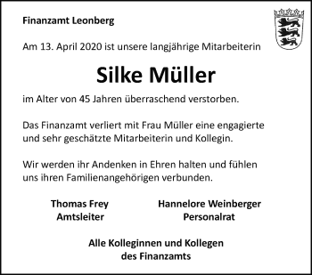 Traueranzeige von Silke Müller von Leonberger Kreiszeitung / Strohgäu Extra