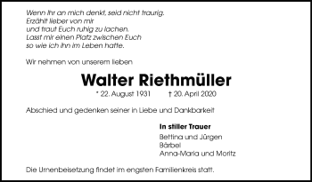 Traueranzeige von Walter Riethmüller von Leonberger Kreiszeitung / Strohgäu Extra