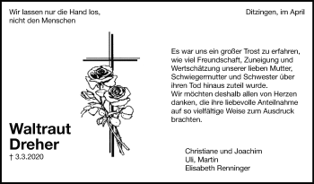 Traueranzeige von Waltraut Dreher von Leonberger Kreiszeitung / Strohgäu Extra