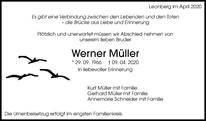  Traueranzeige für Werner Müller vom 18.04.2020 aus Leonberger Kreiszeitung / Strohgäu Extra