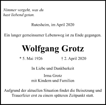 Traueranzeige von Wolfgang Grotz von Leonberger Kreiszeitung / Strohgäu Extra